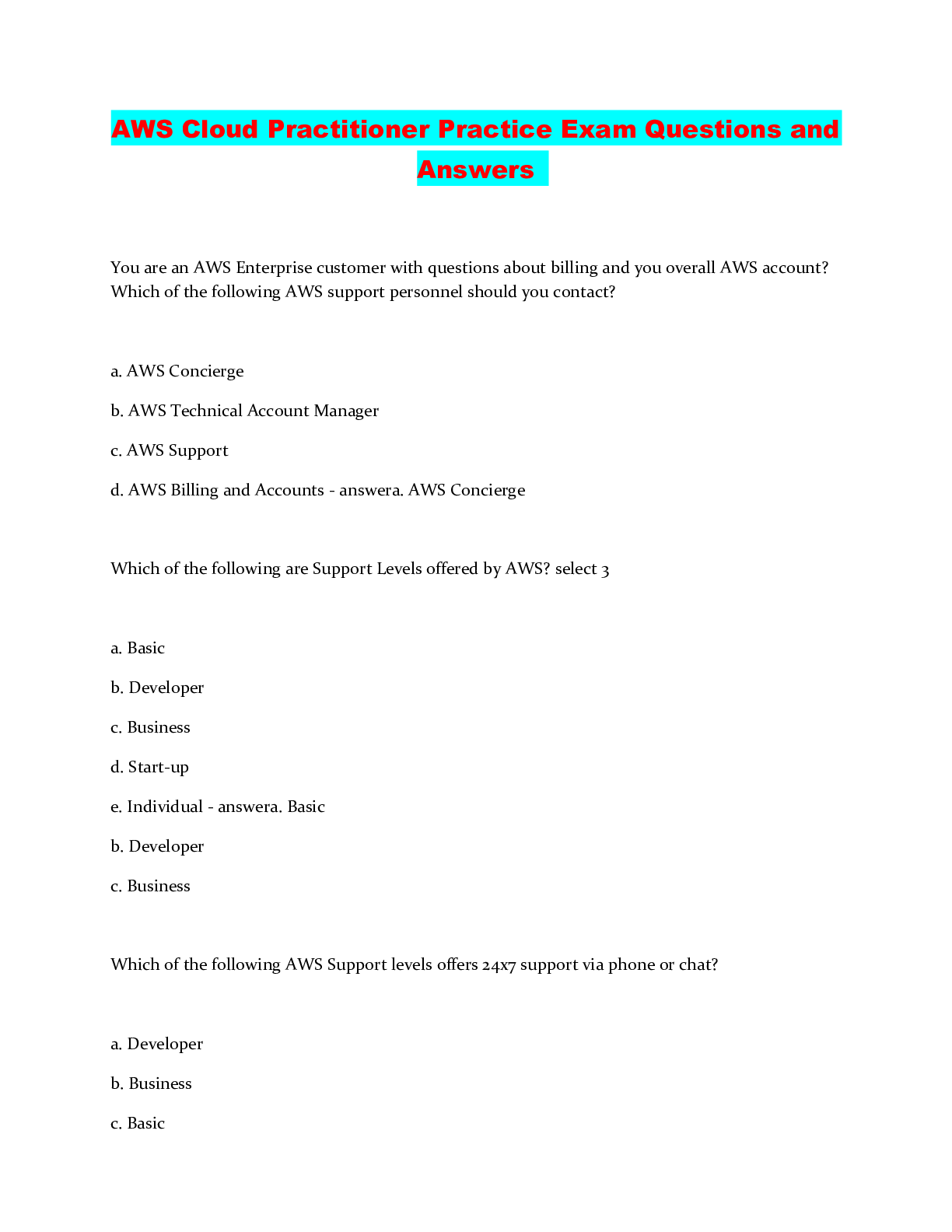 Preview image of AWS Cloud Practitioner Practice Exam Questions and Answers document